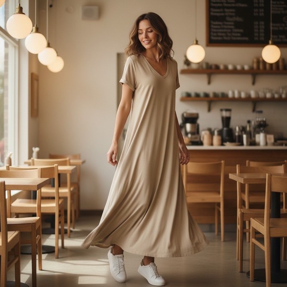 Rachel Zoe Dresses & Skirts - Rachel Zoe T-Shirt Maxi Dress V-Neck Size XL Khaki Short Sleeve Cotton Side Slit